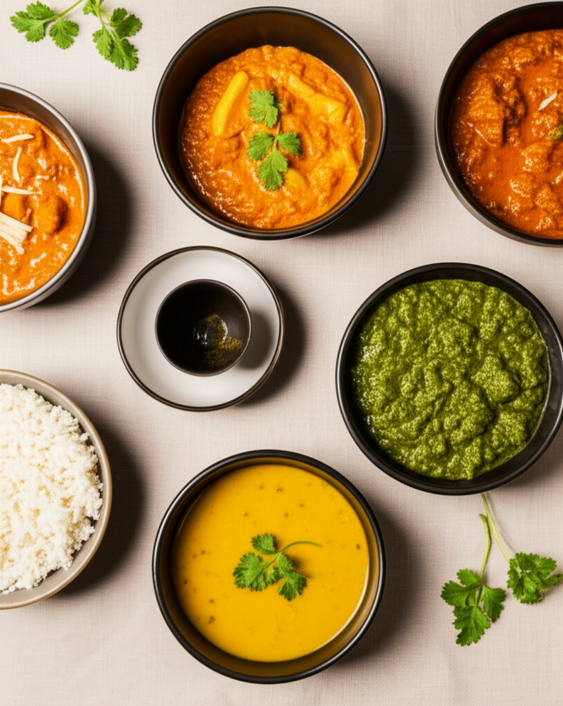 Minimal flat-lay of Indian dishes in soft, neutral tones